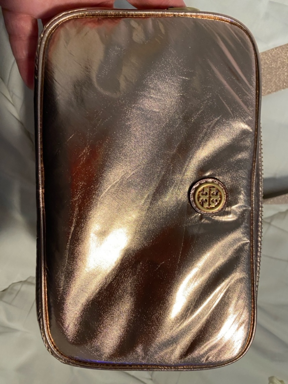 Tory Burch Virginia Metallic Pink Gold Belt bag.